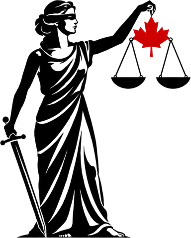 Presumption of Innocence Canada logo: Lady Justice holding scales with a red maple leaf